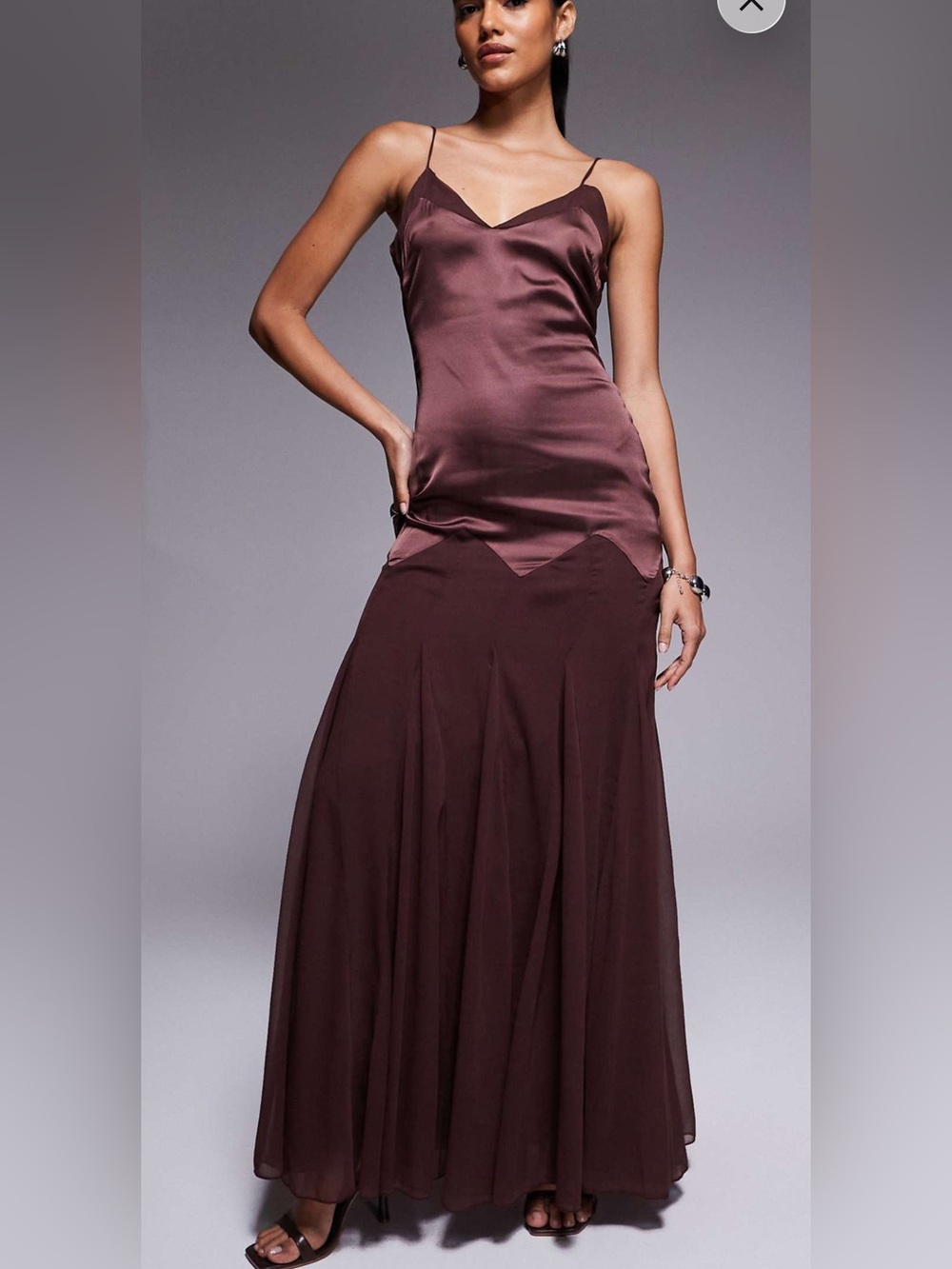 ASOS Satin Slip Maxi Dress in Deep Plum / Brown